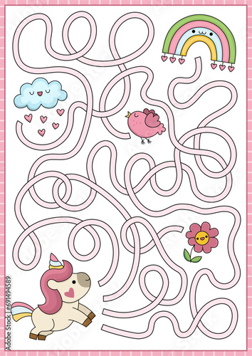 Saint Valentine maze for kids. Love holiday preschool printable activity with kawaii unicorn  rainbow  cloud  flower  bird  hearts. Labyrinth game or puzzle with cute fairytale characters.