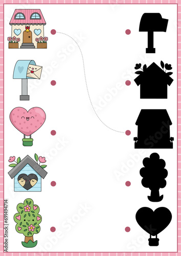Saint Valentine shadow matching activity. Love holiday shape recognition puzzle with kawaii symbols. Find correct silhouette printable worksheet. Cute page for kids with house, tree, hot air balloon.