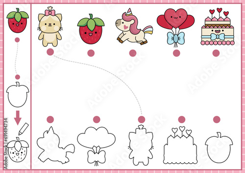 Saint Valentine shape matching, coloring and drawing activity. Love holiday puzzle with kawaii symbols. Find correct silhouette printable worksheet. Cute page for kids with cat, unicorn, balloons