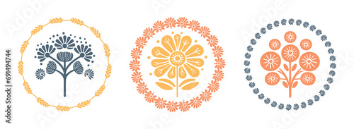Prairie vector flower wreath isolated clipart set for rural folkart floral. Scandi retro plant sprig in decorative foliate folksy style collection.