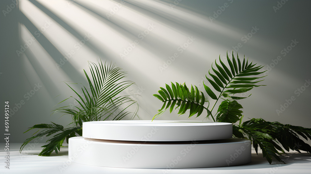 Minimalistic abstract background with concrete texture for the presentation of a cosmetic product. Premium podium with a touch of tropical palm leaves on a beige natural stone wall. Realistic 32k 3D
Minimalistic abstract background with concrete texture for the presentation of a cosmetic product. Premium podium with a touch of tropical palm leaves on a beige natural stone wall. Realistic 32k 3D