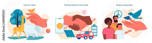 Sustainable development set. Global action for better future, impact on society and environment. Equality, climate preservation, clean energy and responsible consumption. Flat vector illustration