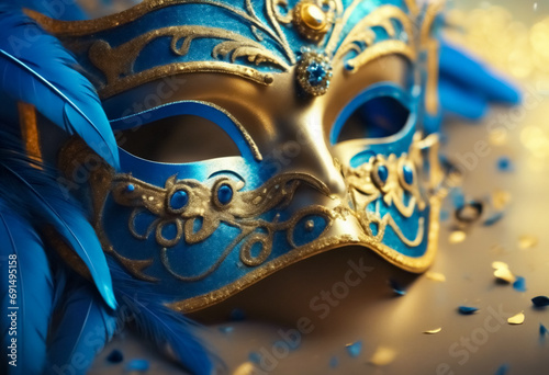 Mistero Dorato- Dettaglio di Maschera di Carnevale con Piume Blu in Sfondo Astratto