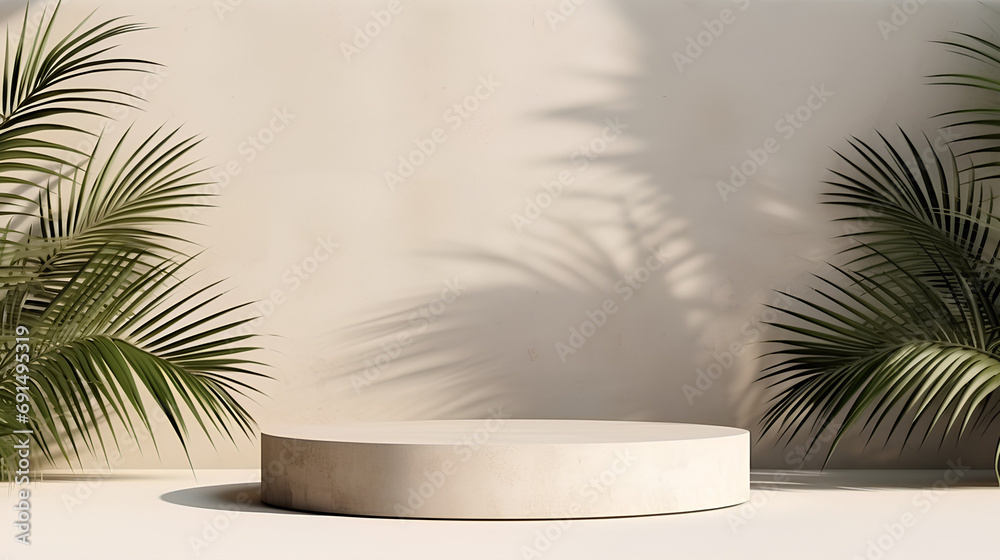 Minimalistic abstract background with concrete texture for the presentation of a cosmetic product. Premium podium with a touch of tropical palm leaves on a beige natural stone wall. Realistic 32k 3D
Minimalistic abstract background with concrete texture for the presentation of a cosmetic product. Premium podium with a touch of tropical palm leaves on a beige natural stone wall. Realistic 32k 3D