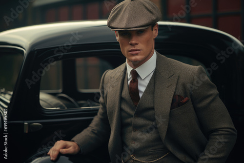 A handsome gentleman dressed in a 20s fashion style suit and flat cap stands in front of the black vintage car. Portrait of the retro business man, medium shot. photo