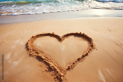 heart symbol on the sand of beach with soft blue water