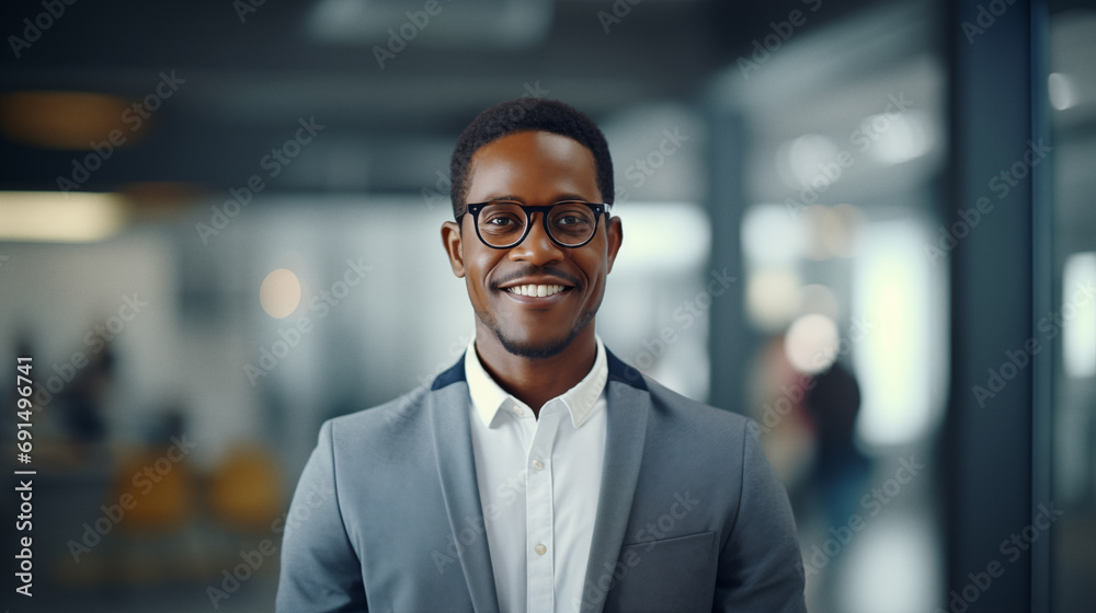 Successful CEO standing in an office. Portrait of a cheerful confident businessman. AI generated.