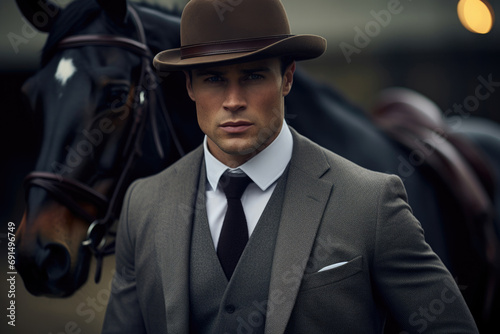 A young retro gentleman standing with a black horse. A handsome horseman dressed in a grey color vintage fashion style suit and bowler hat stands with his horse, medium portrait shot.