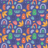 Seamless pattern with cute abstract flowers and elements. Vector illustration doodle style.	
