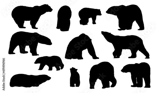 Collection of polar bears silhouettes. Adult polar bears and cubs stand, walk, lie down and hunt. Wild animals of the Arctic. Realistic vector animal © AnnstasAg