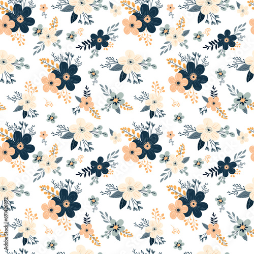 Seamless floral pattern with flowers and leaves. Vector illustration on a white background.	
