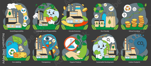 Ethical consumption set. Highlights responsible business practices and environmental care. Reflects sustainable living and green economy principles. Flat vector illustration. photo