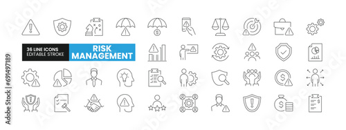 Set of 36 Risk or Crisis Management line icons set. Risk Management outline icons with editable stroke collection. Includes Risk, Financial Risk, Resources, Solution, Report, and More.