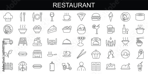 Restaurant icon set. Restaurant business and food delivery icon concept, containing server, meal, cooking, menu, restaurant, food delivery, fast food and dinner icons.