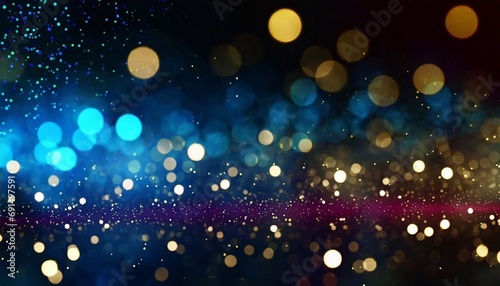 Abstract glitter lights background. Blue, gold, and black. De-focused. Banner