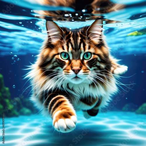 A fisherman cat hunts fish in the water. © poto8313
