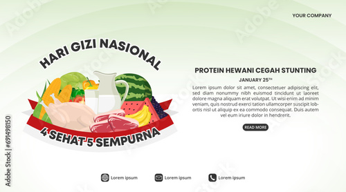 Hari Gizi Nasional or Indonesia National Nutrition Day background with healthy food and flag photo