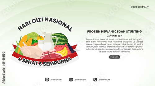 Hari Gizi Nasional or Indonesia National Nutrition Day background with healthy food and flag