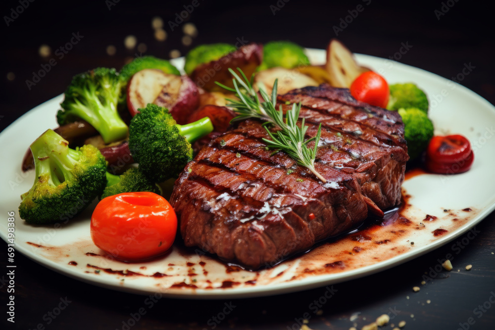 Grilled beef steak with vegetables on a white plate Grilled beef steak with vegetables on a white plate