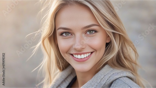 Closeup Portrait of a beautiful young German model woman smiling with white teeth