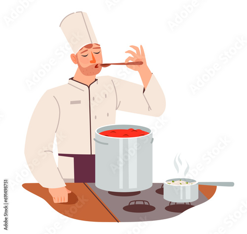 The chef tastes the food. The cook is preparing soup in the restaurant.Flat vector illustration