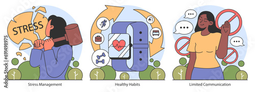 Dopamine fasting set. Illustrates stress management, nurturing healthy habits, and practicing communication limits. Encourages holistic well-being. Flat vector illustration.
