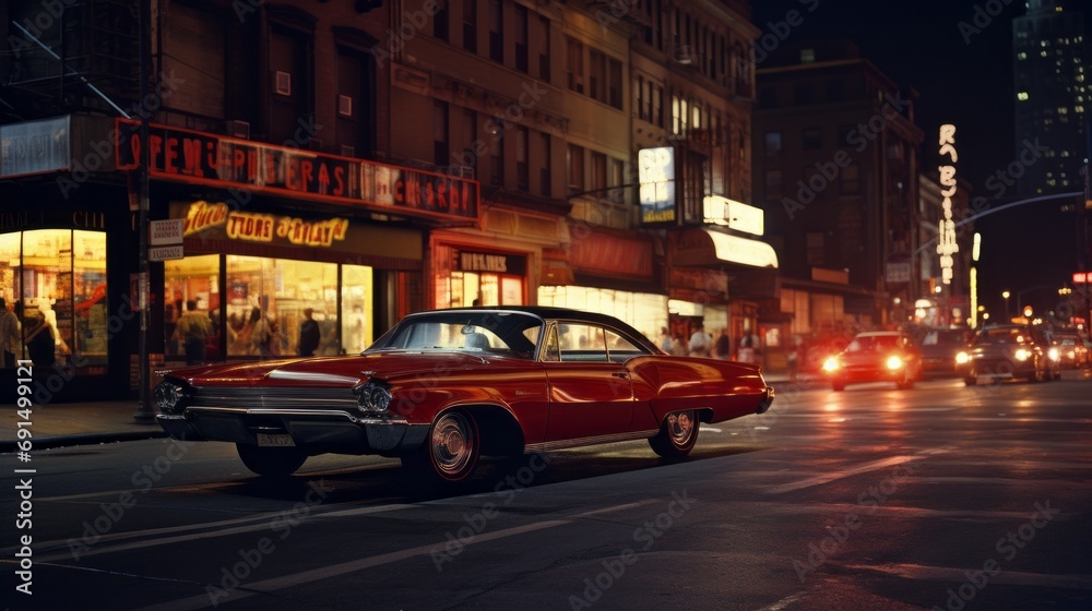 Cars and people. New York life in the 1960s. Photorealistic illustration. Streets of New York. 