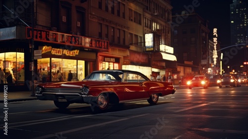 Cars and people. New York life in the 1960s. Photorealistic illustration. Streets of New York. 