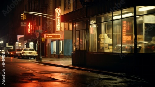 Night restaurant. New York life in the 1960s. Photorealistic illustration. Streets of New York. 