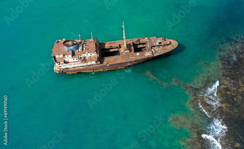 Drone photograhy. Shipwreck called Temple Hall or Telamon in a bay near Arrecifes industrial port on the Canary Islands of Lanzarote. Ecological disaster.  Spain, Europe © familie-eisenlohr.de