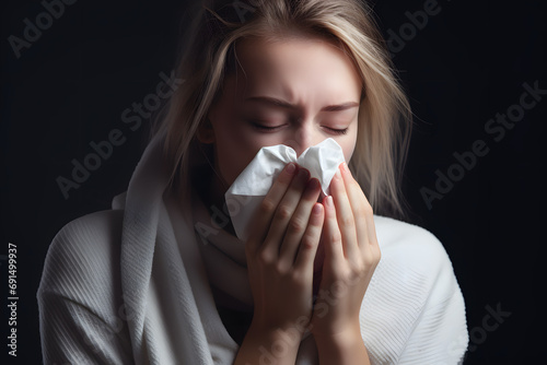 Sick woman blowing nose in tissue. Cold symptoms