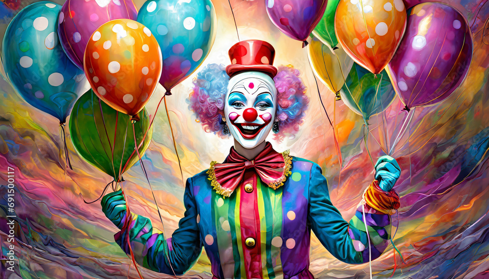 Wesoły clown trzymający kolorowe baloniki. Generative AI - obrazy, fototapety, plakaty 