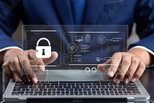 Cyber security network and Data protection concepts, Businessman using laptop computer with privacy security and encryption on internet technology networking, Secure internet access, Virtual screen.