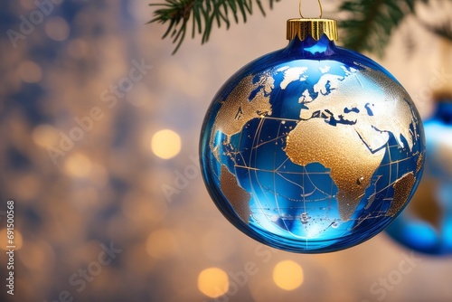 Bola ornamental de natal, cor azul, com mapa mundi photo