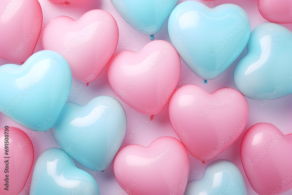 Pink heart shape balloons isolated on sky blue background.  Valentine's Day card