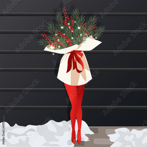 Vector fashion illustration, a slender young woman in red tights and tulle heels holds a huge bouquet of fir branches and berries.
