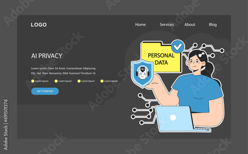 AI ethics dark or night mode web, landing. Woman using laptop, ensuring AI's commitment to privacy. Protection of personal data with a shield. Digital or cyber security. Flat vector illustration.