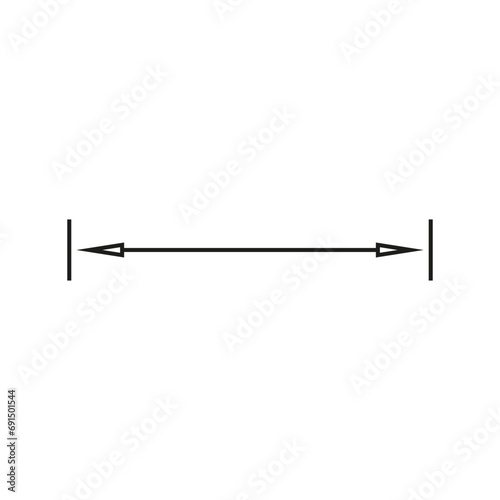 Long double arrow. Thin dual arrow. Vector drawing with size. Illustration on white background. 
