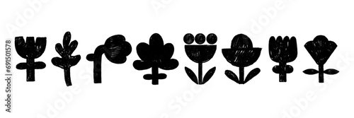 Naive organic abstract flowers set, hand drawn doodle floral elements, vector texture shapes kit. Childish decorative natural spring matisse collection, scribble black botanical print. Naive flower