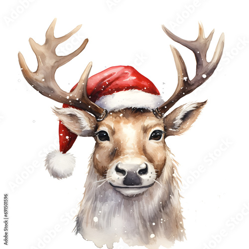 reindeer with santa hat,catoon,watercolor