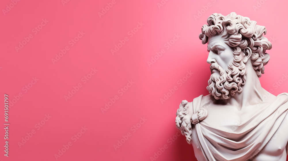 Naklejka premium 3D illustration of Renaissance marble statue of Zeus in Greek mythology isolated on pink background. Art sculpture of ancient italian culture. Modern banner template with copy space