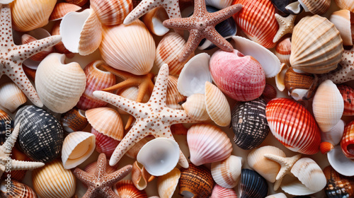Various types of seashells on the beach