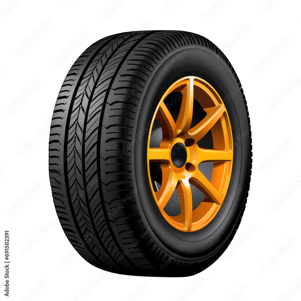 wheel with yellow aluminum rim and sports tire on a cutout PNG transparent background