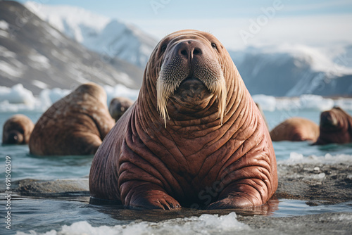 A walrus depicted with rounded, bulky shapes in a cold color palette.