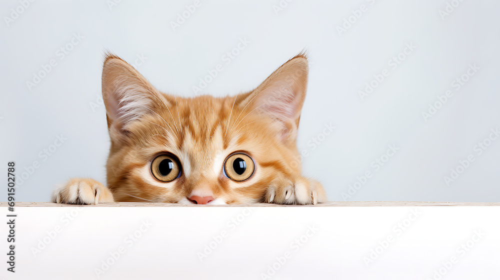 portrait of a cat with white background - playfully peeking Kitten isolated on a white background. Only its curious eyes and the tip of its nose visible.