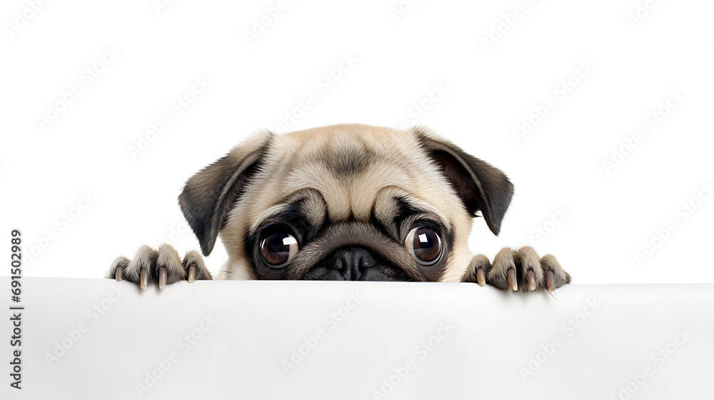 playfully peeking dog pug isolated on a white background. Only its curious eyes and the tip of its nose visible.
