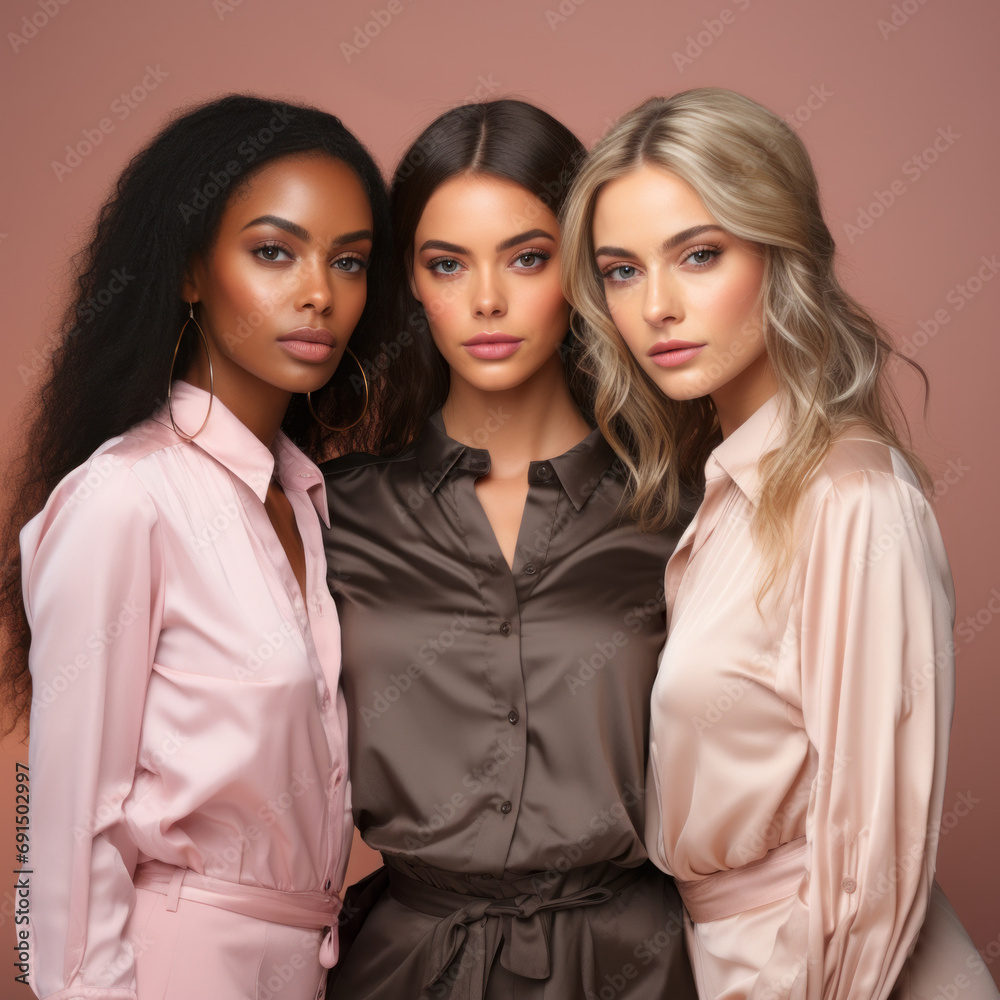 Three diverse fashion models posing in elegant satin dresses on a soft pink background Three diverse fashion models posing in elegant satin dresses on a soft pink background