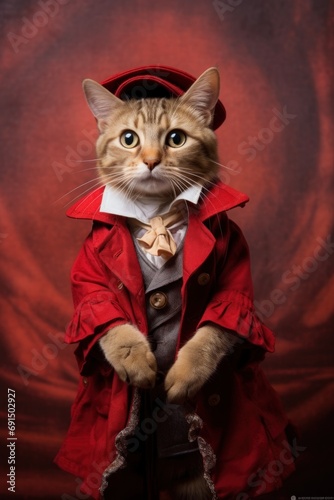 A cat cosplays as a historical figure, complete with a tailored red coat and vintage hat against a mottled backdrop photo