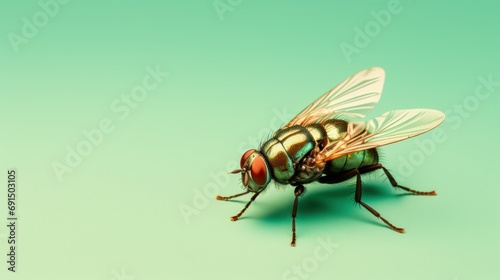 A macro photograph of a vivid green bottle fly showcasing its intricate details on a light green background © Glittering Humanity