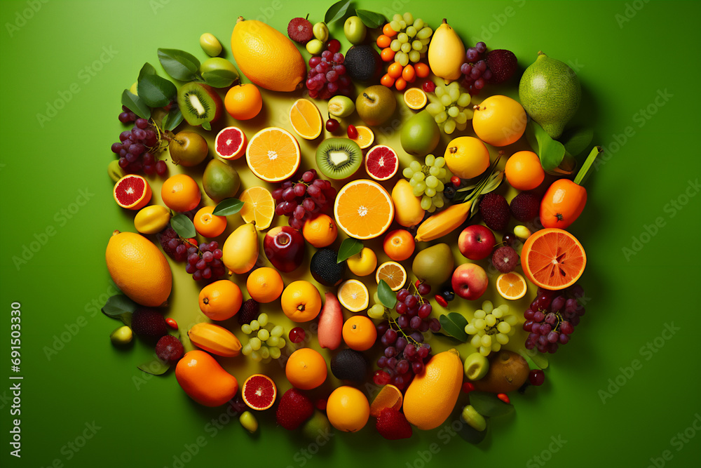 Multiple tropical fruits isolated on a solid colorful background. Copyspace illustration that allows to insert content